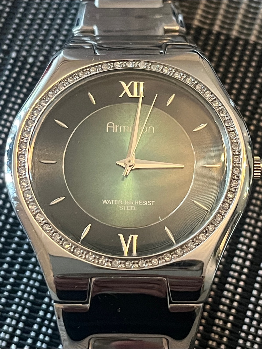 Armitron Silver Watch with Black/Iridescent Dial and Crystal Bezel